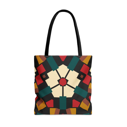 Afro-Floral Fusion Tote Bag with a striking white abstract flower on an Afrocentric patterned background, featuring black handles and durable polyester construction.