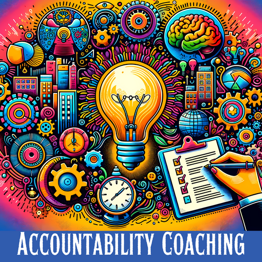 Vibrant illustration for CWSDezign's Accountability Coaching, featuring a central light bulb surrounded by symbols of growth, ideas, and time management such as a brain, gears, clocks, and a checklist.