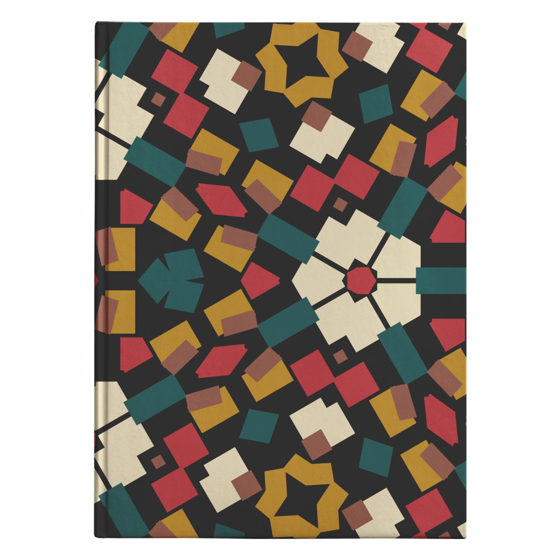 Hardcover journal with an Afro-Floral Fusion design featuring a kaleidoscopic array of geometric shapes and a central floral motif in a warm palette of red, yellow, green, and beige against a black background.