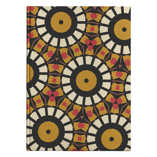 Elegant hardcover journal adorned with Chic Gold Ankara print, featuring intricate golden designs on a textured background, ideal for writing or sketching.