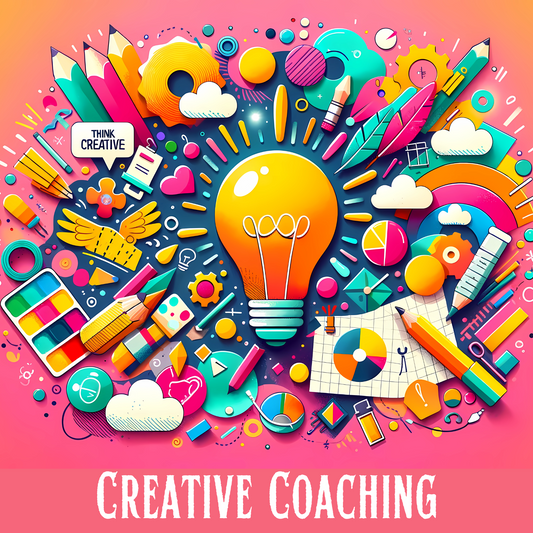 Colorful illustration for CWSDezign's Creative Coaching, depicting a bright light bulb surrounded by artistic and digital marketing tools like pencils, paintbrushes, pie charts, and social media icons, symbolizing a spectrum of creative services.