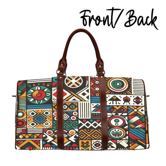 Stylish travel bag showcasing a vibrant Afrocentric geometric pattern with front and back views, complemented by brown leather handles and trim, exemplifying a fusion of traditional African art with contemporary travel fashion.