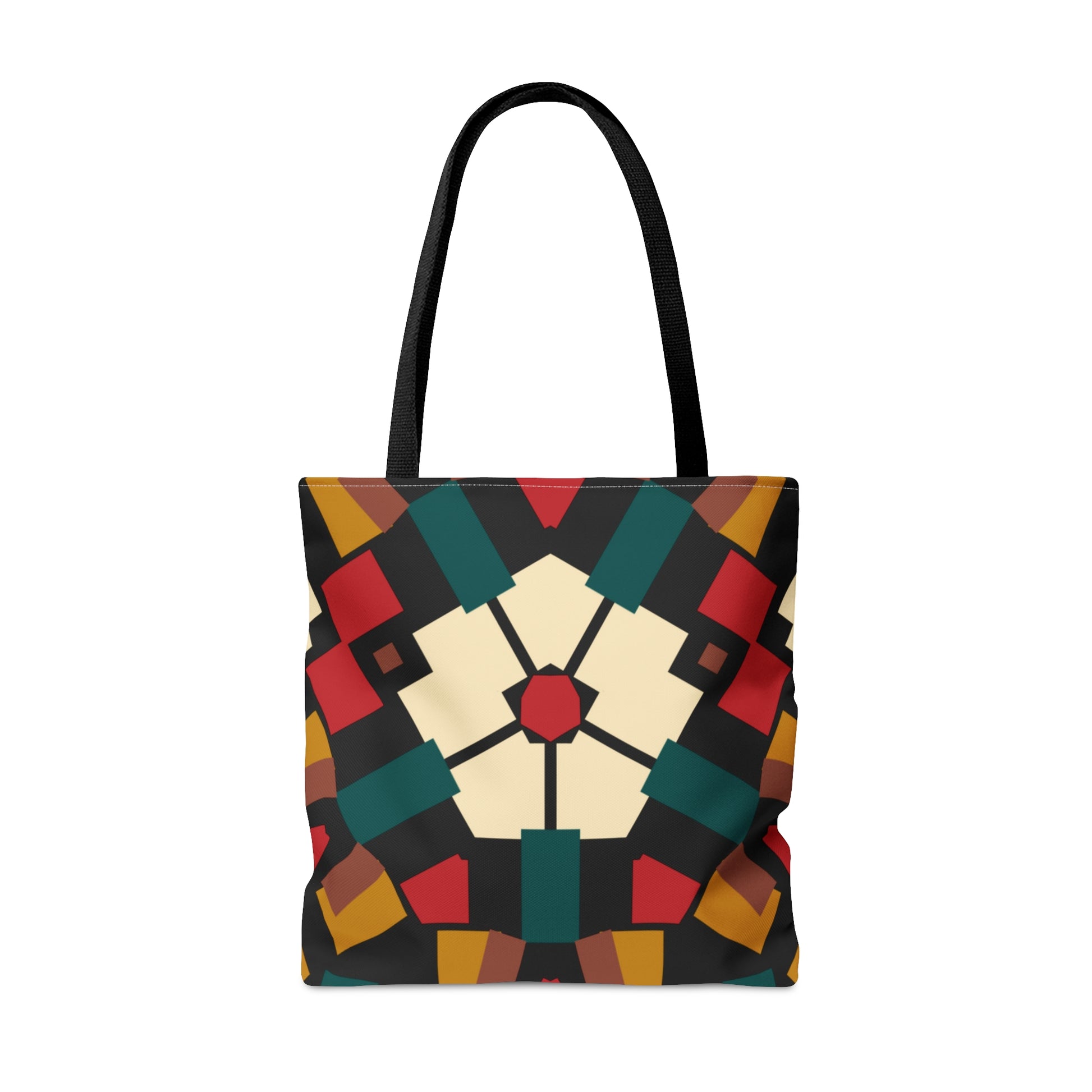 Afro-Floral Fusion Tote Bag with a striking white abstract flower on an Afrocentric patterned background, featuring black handles and durable polyester construction.