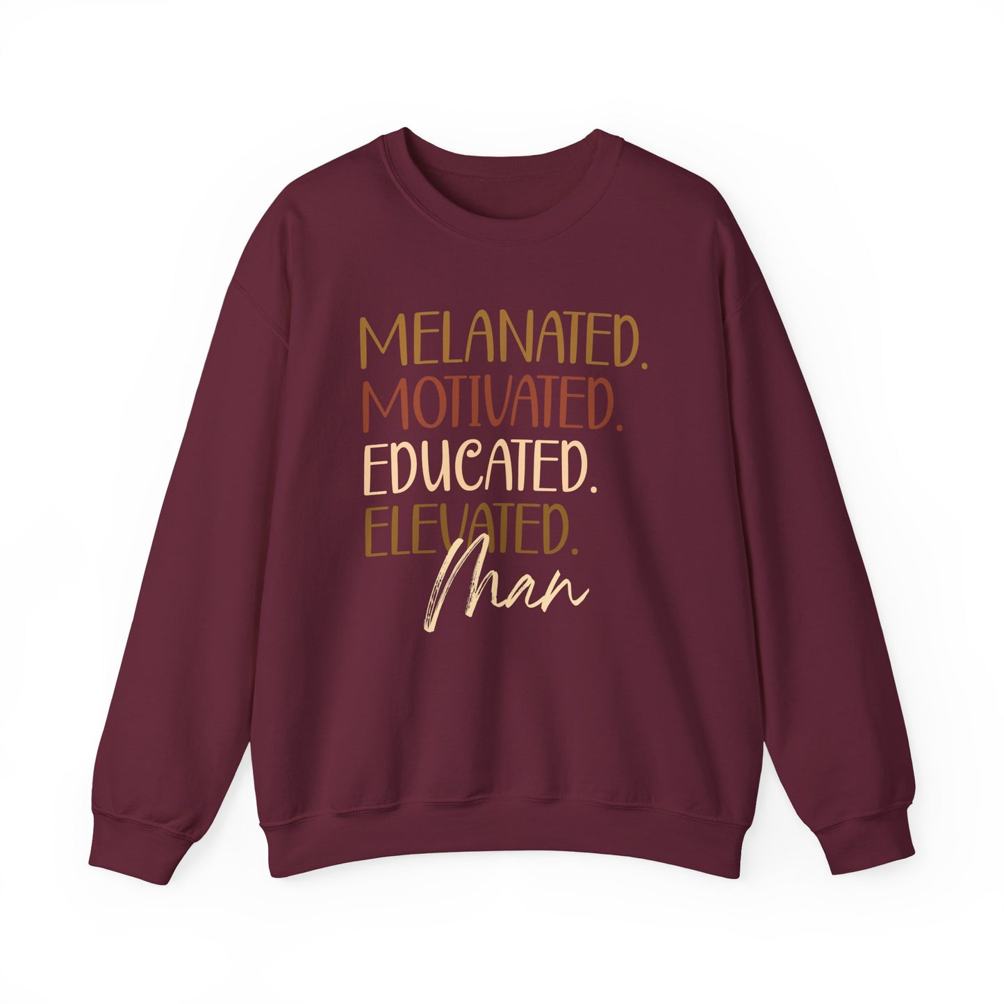 Melanated Motivated Educated Elevated Man Crewneck – Afrocentric Empowerment Sweatshirt
