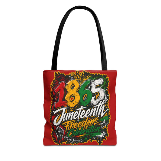 Tote bag with Juneteenth design featuring the number 1865 on a red background.