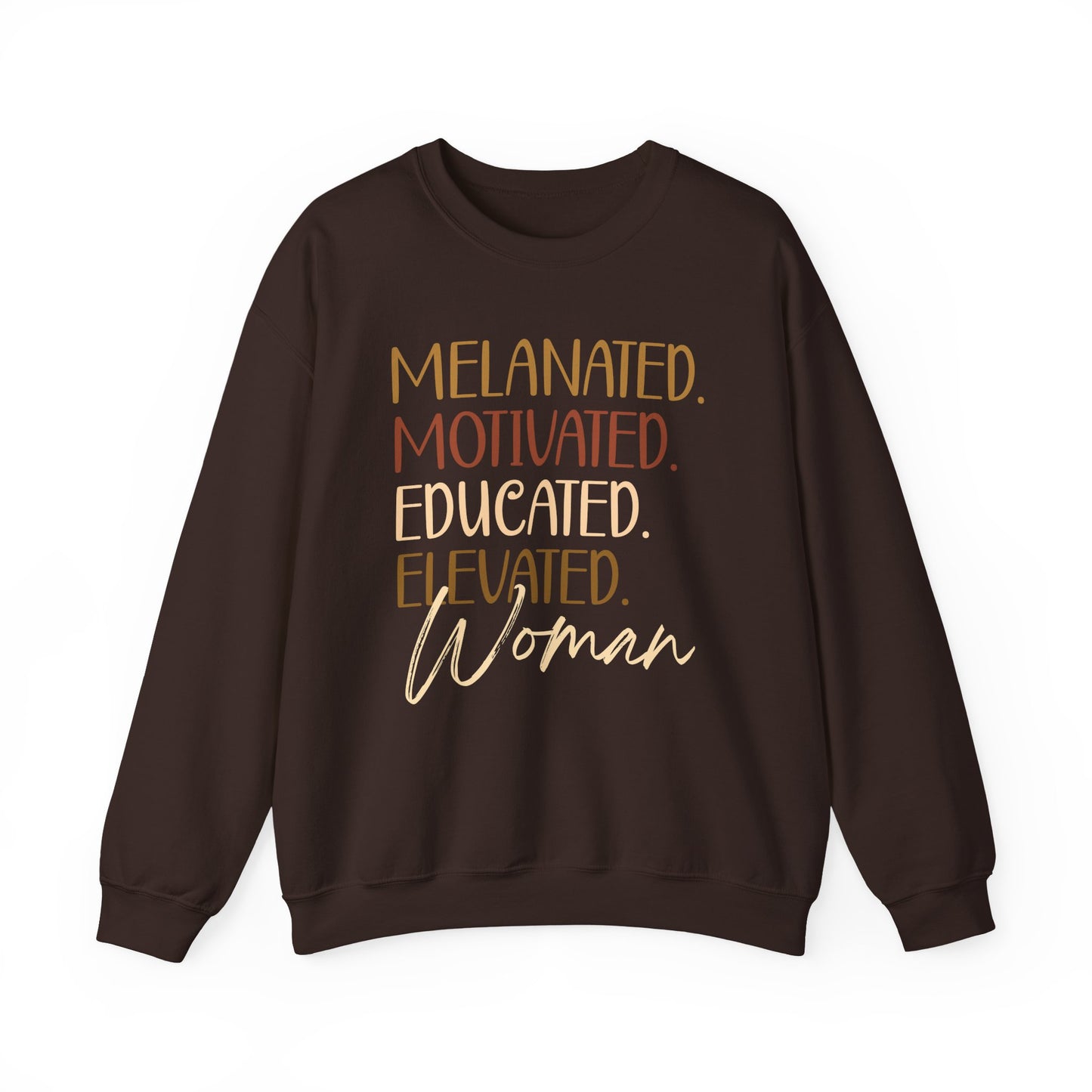 Melanated Motivated Educated Elevated Woman Crewneck – Afrocentric Empowerment Sweatshirt