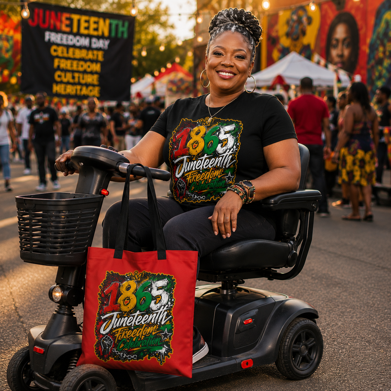 Woman on a mobility scooter with '1865 Juneteenth' themed shirt and bag at a Juneteenth celebration.