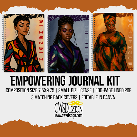 Empowering Journal Kit – 3 Editable Covers (Front & Back PNGs) + 100-Page Lined PDF | Canva Template, Composition Size 7.5x9.75 | Small Biz License
