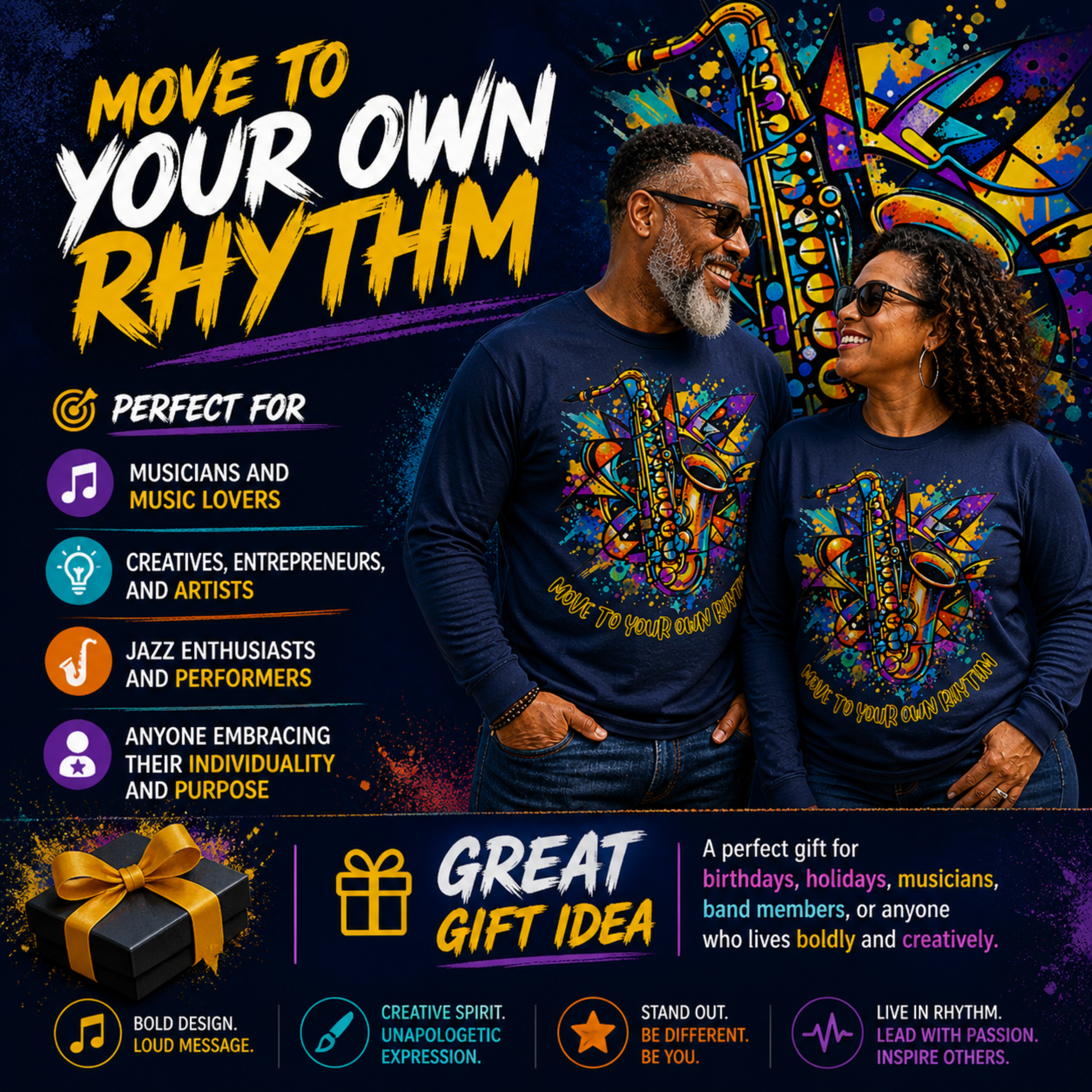 Two people wearing matching shirts with a colorful saxophone design, surrounded by promotional text and graphics.