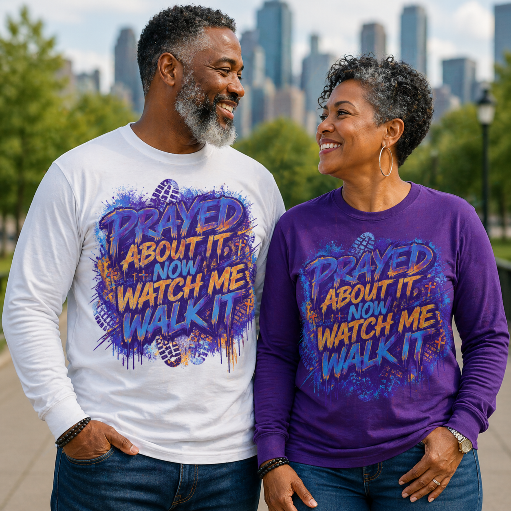 Two people wearing matching shirts with a motivational quote in an urban setting.