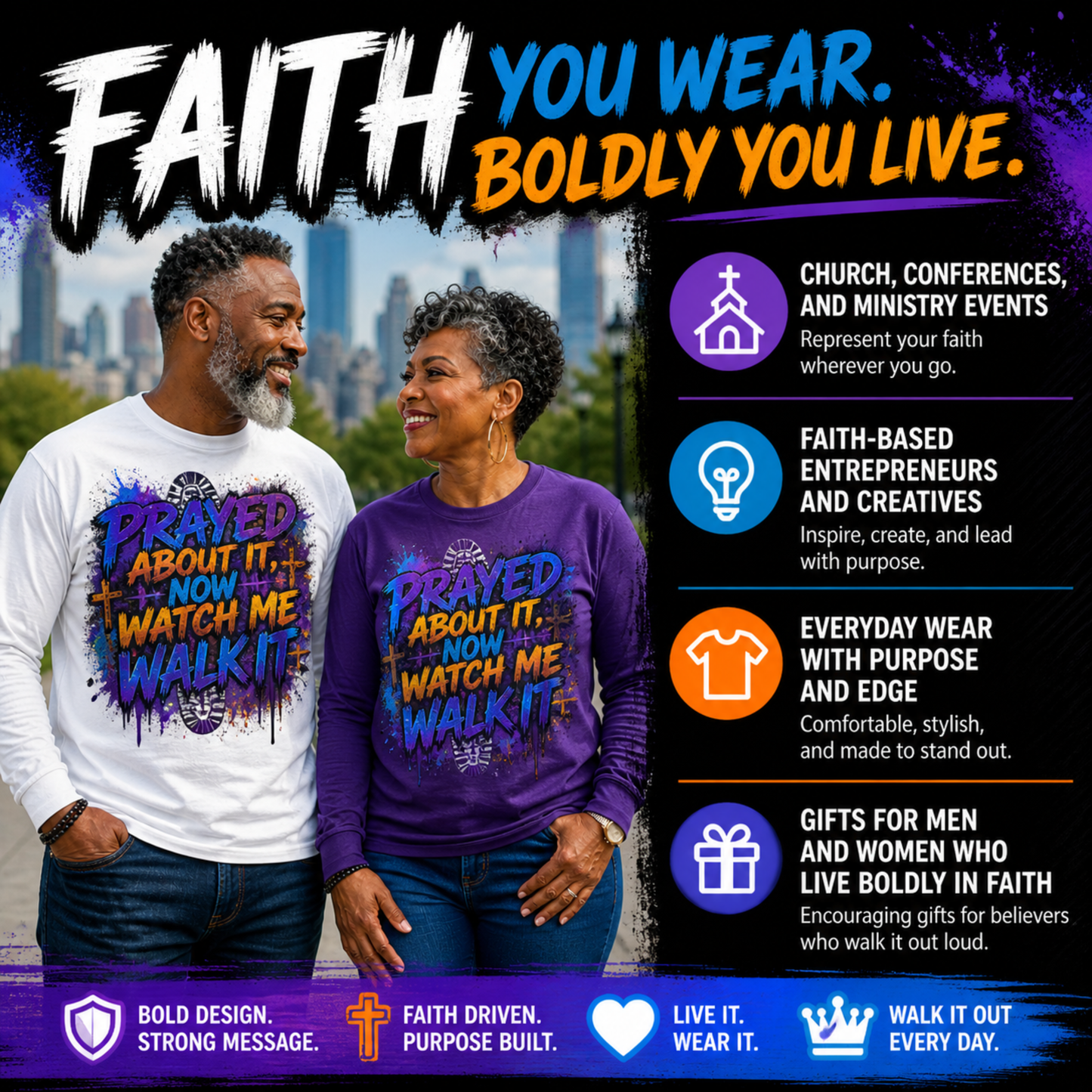 Two people wearing shirts with a motivational message and cityscape background.