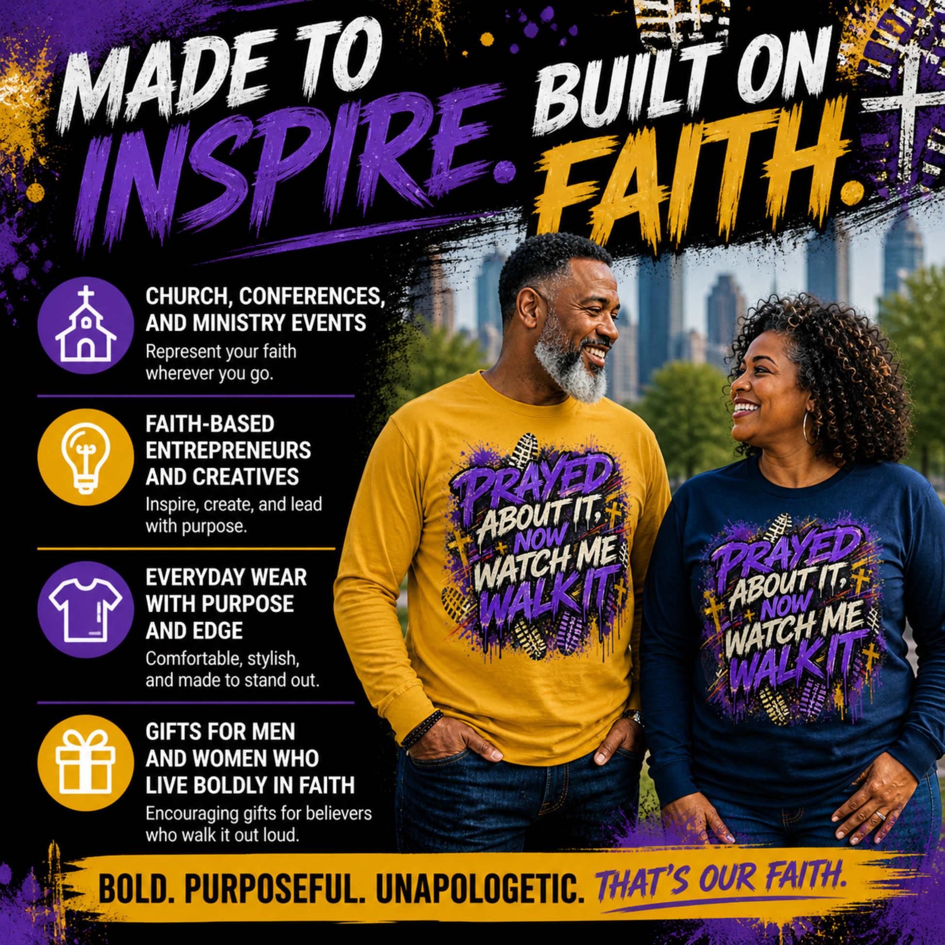 Two people wearing shirts with text and a cityscape background, promoting faith-based products.