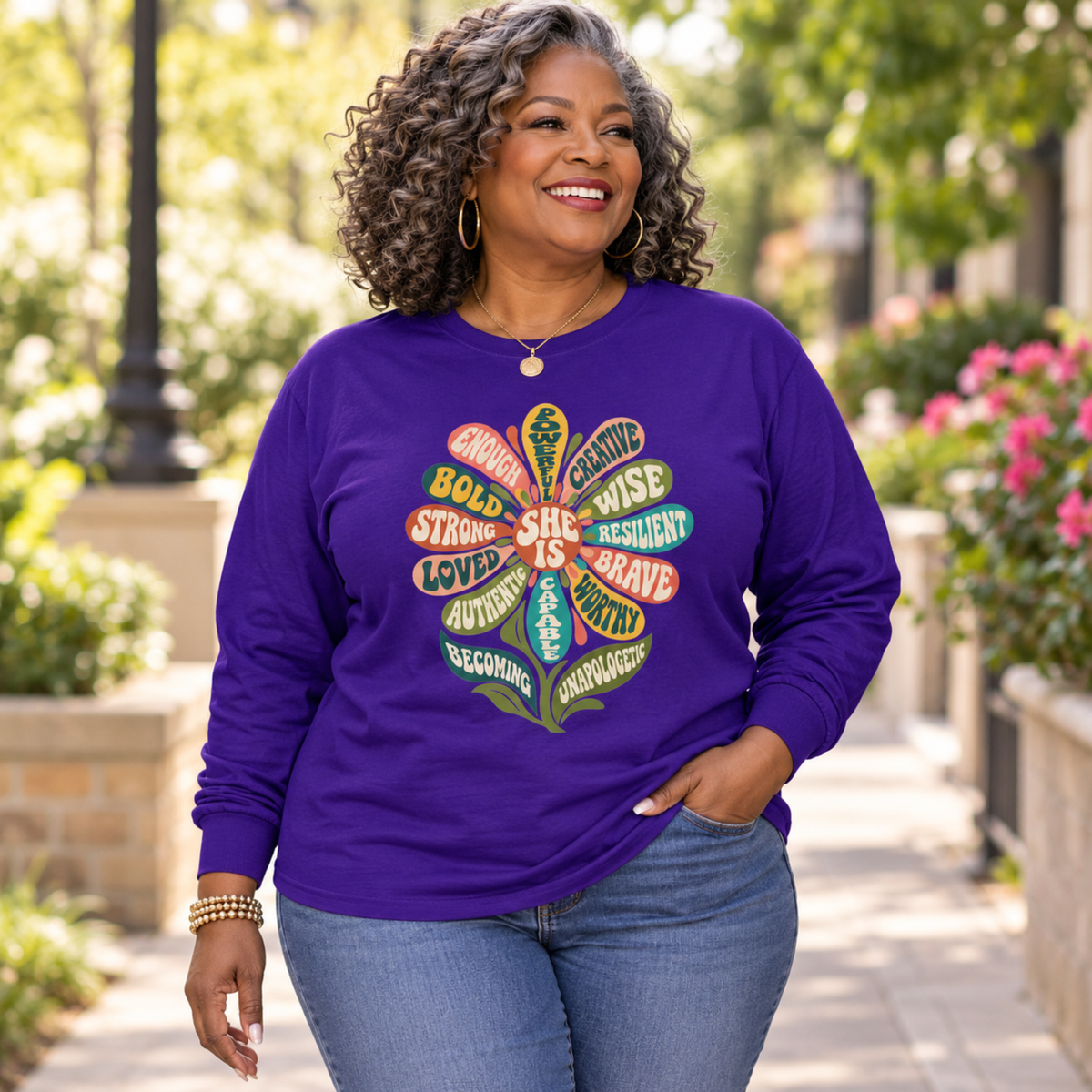 She Is Affirmation Long Sleeve Shirt – Retro Floral Women’s Empowerment Tee