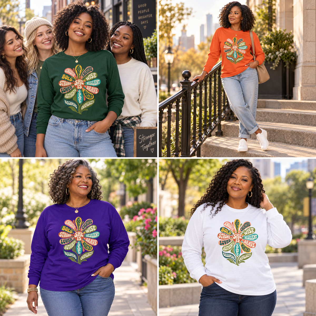 She Is Affirmation Long Sleeve Shirt – Retro Floral Women’s Empowerment Tee
