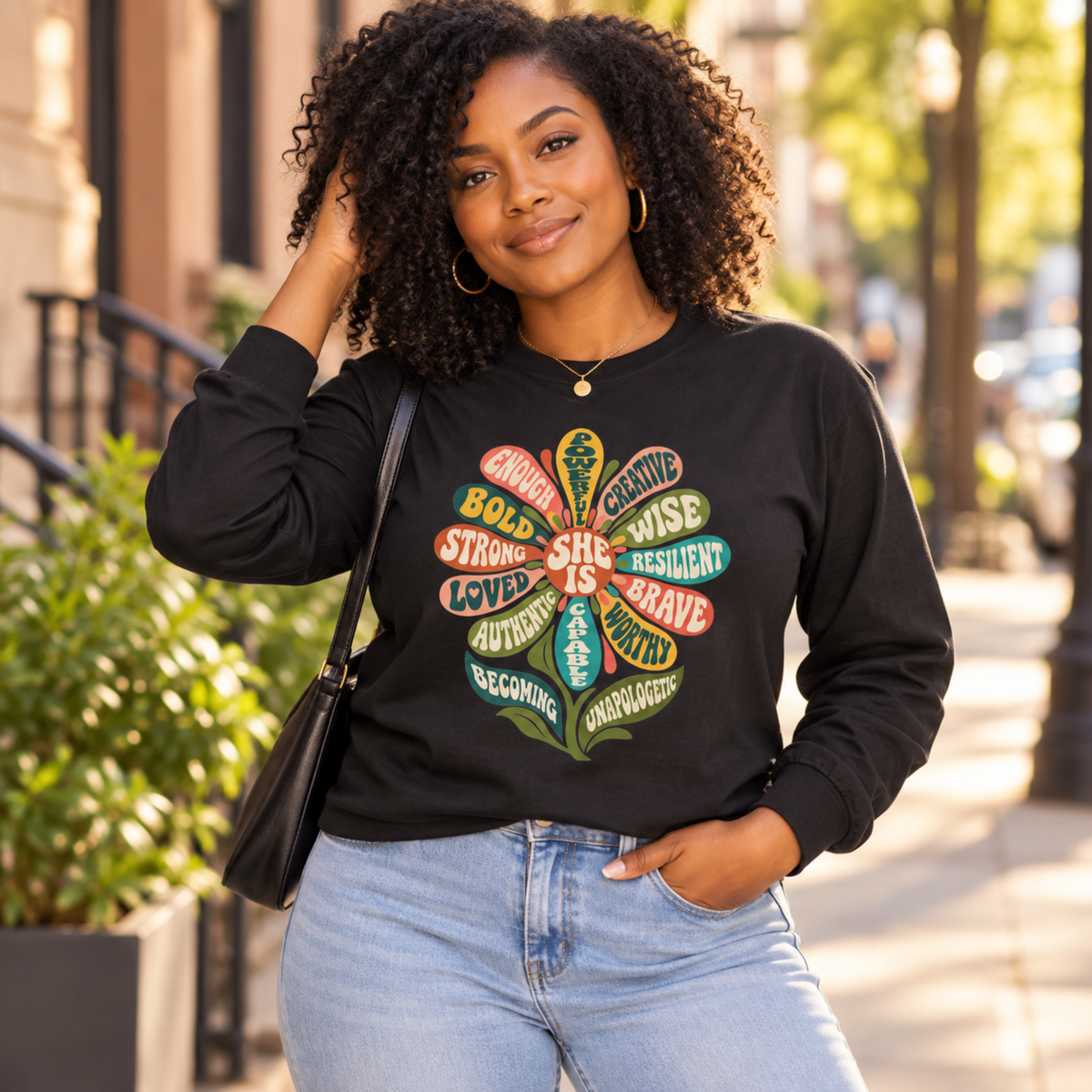 She Is Affirmation Long Sleeve Shirt – Retro Floral Women’s Empowerment Tee