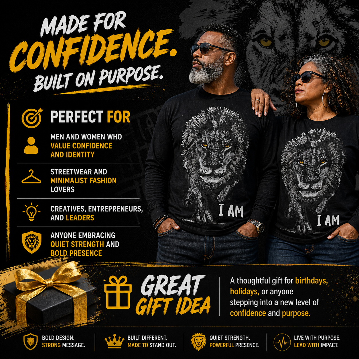 I AM Lion Long Sleeve T-Shirt | Bold Statement Graphic Tee | Motivational Streetwear Shirt | Powerful Minimalist Lion Design for Men & Women